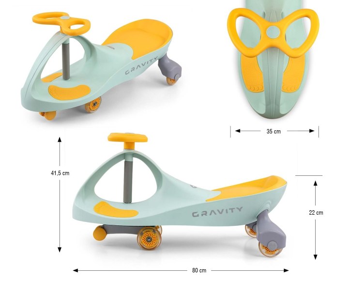 Jeździk Grawitacyjny dla dziecka, kółka LED, Zółty, Milly Mally, wiek 3+